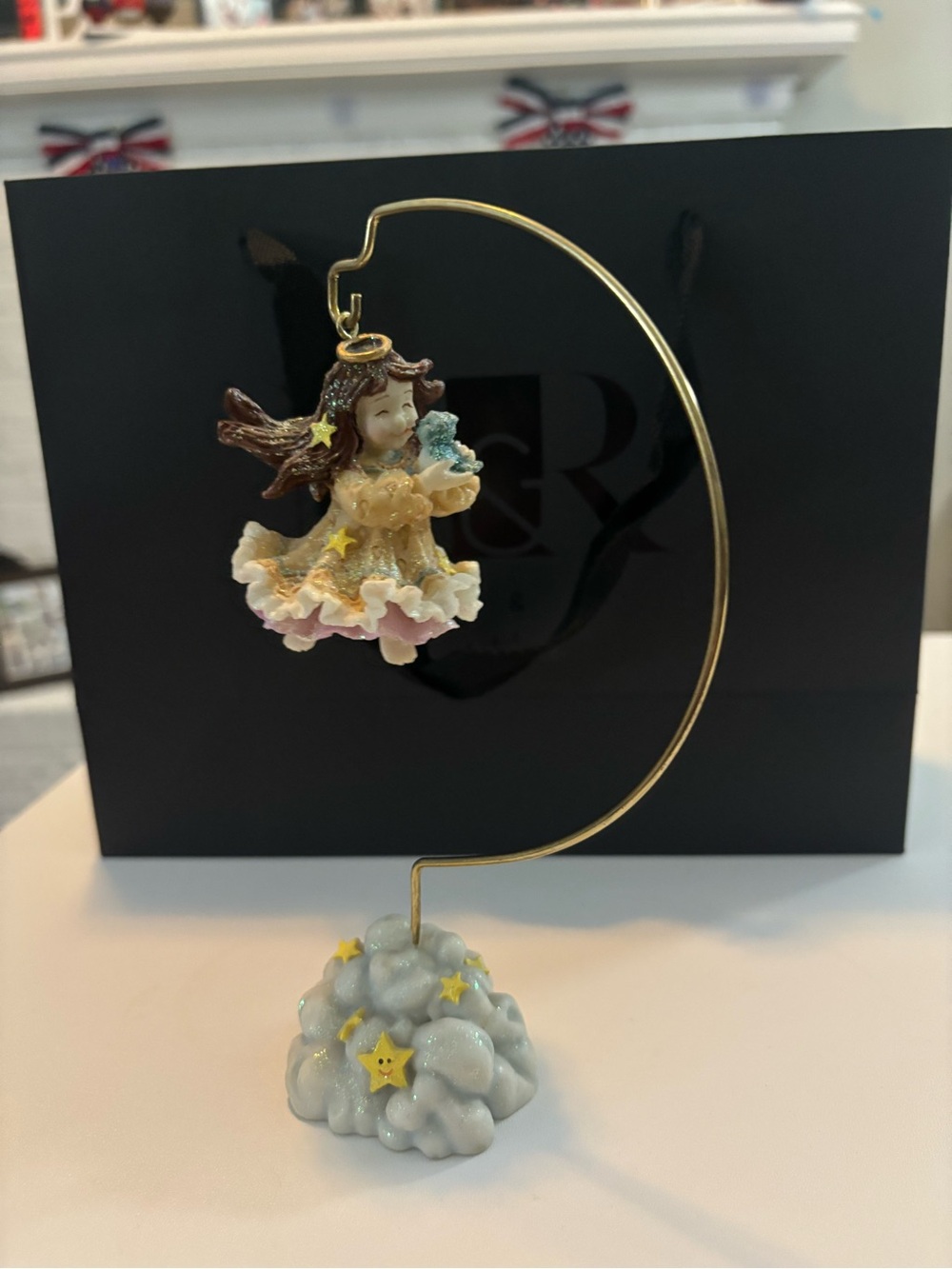 Vintage Hanging Angel Figurine on Cloud Stand Stars